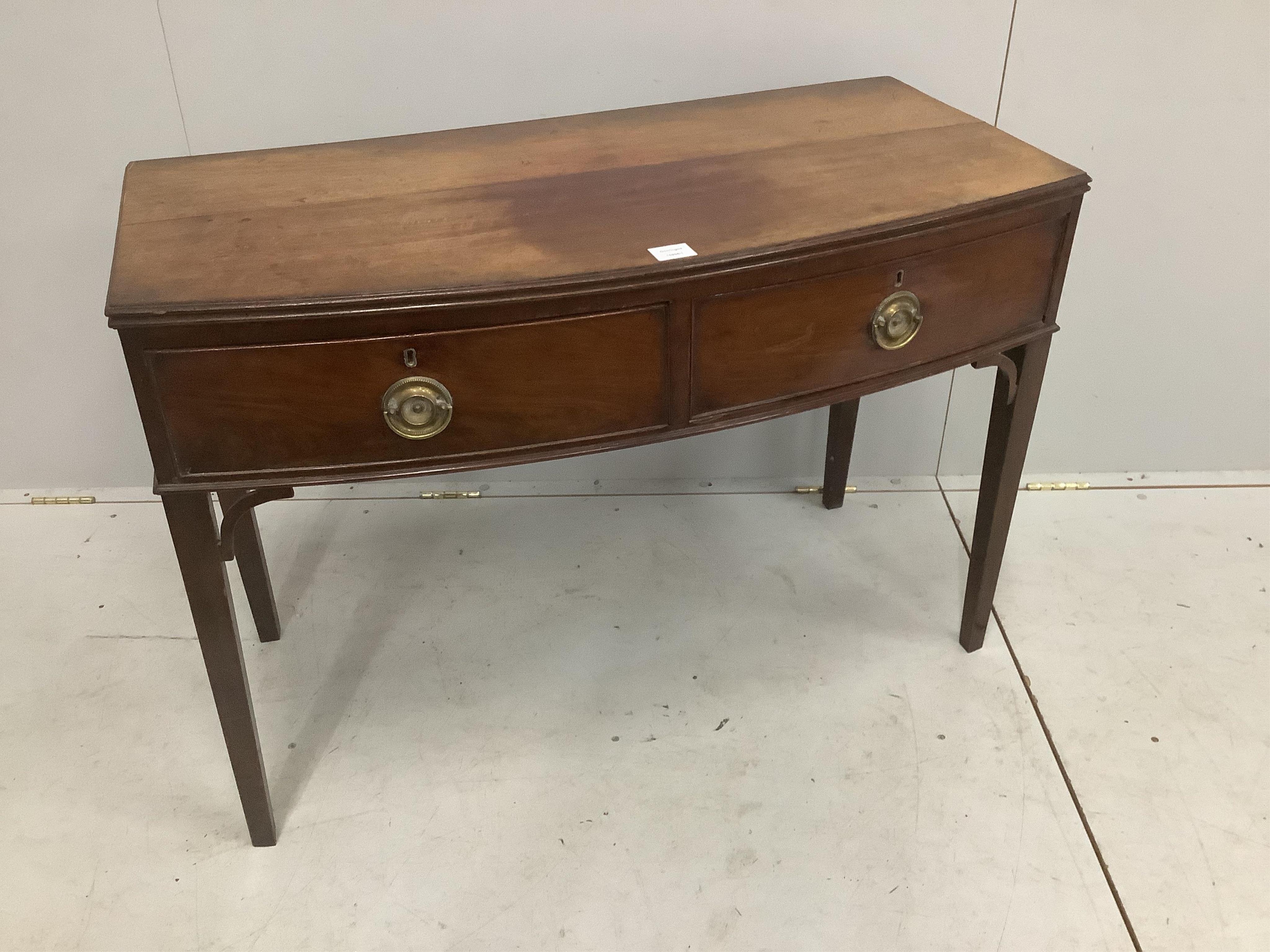 A George IV mahogany bowfront side table, width 103cm, depth 50cm, height 72cm. Condition - poor